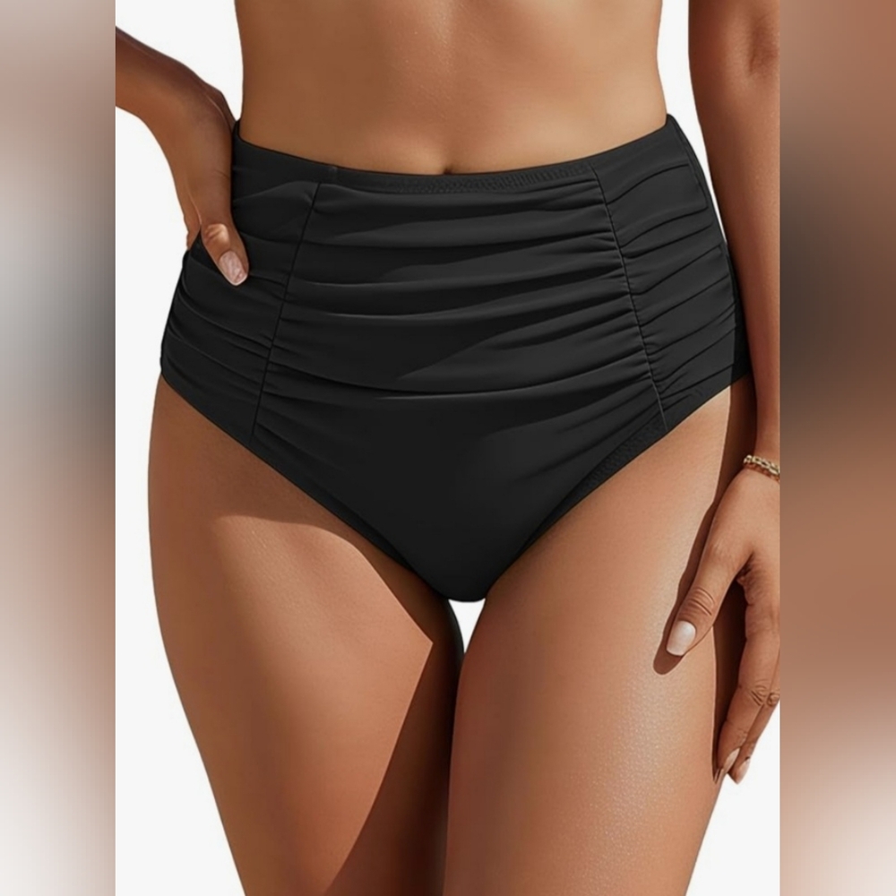 Ruched High-Waist Bikini Bottom - Black C330